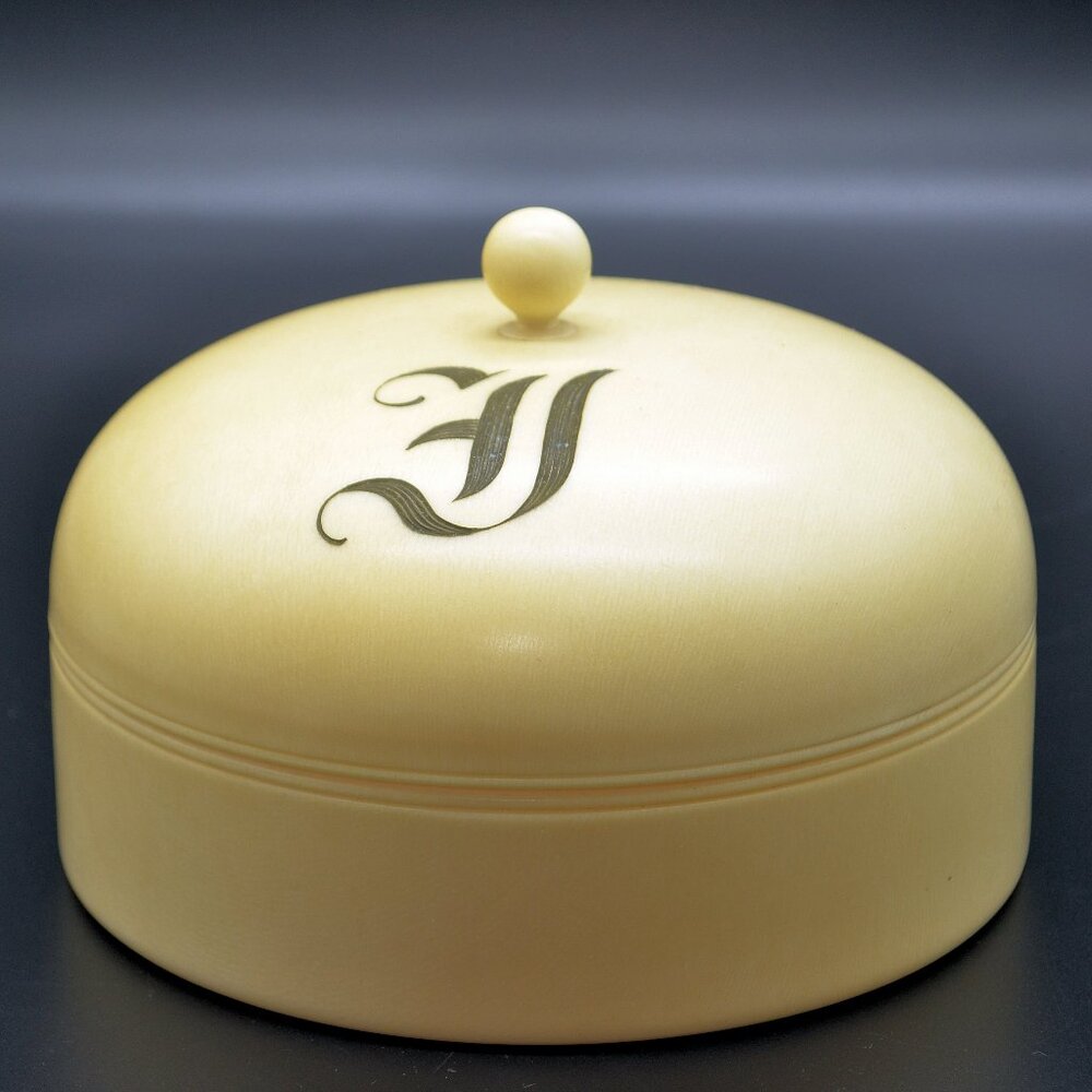 French Ivory Celluloid Powder Box Monogrammed E 5” Tall B-1